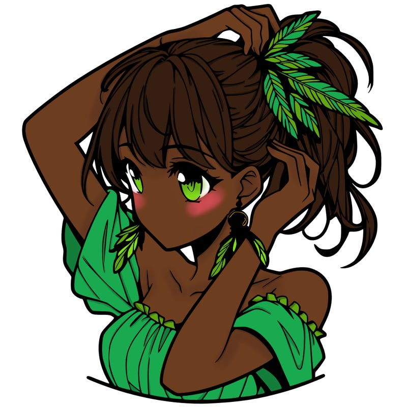 anime girl tucking her hair behind her ear with feathered earrings