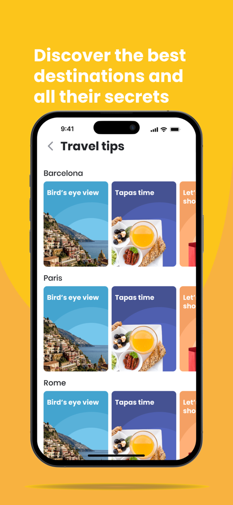 Pantalla de smartphone mostrando consejos de viaje y secretos de destinos en la app Europamundo.