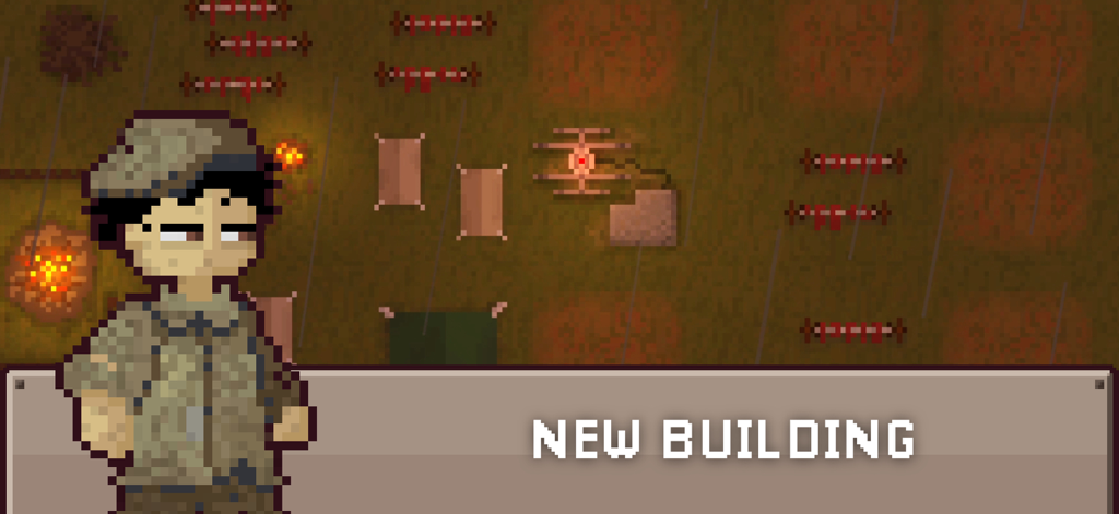 Personaje superviviente de pixel art y una vista de base cenital con el texto Nueva Edificación en Final Outpost Definitive