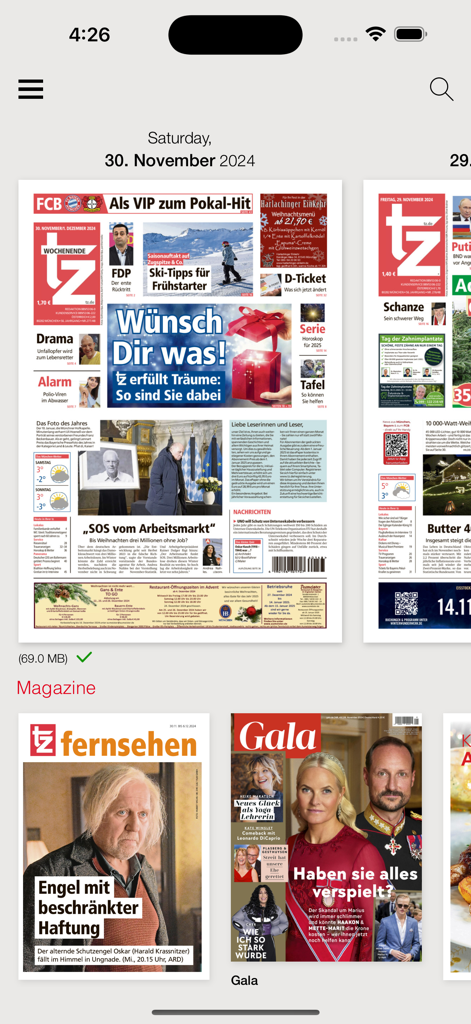 Screenshot of the tz ePaper app displaying digital newspaper front pages and magazine supplements like Gala.