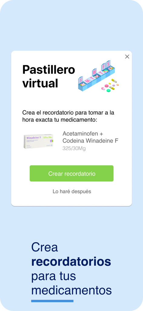 Interface of Farmatodo app showing the virtual pillbox feature to create medication reminders.