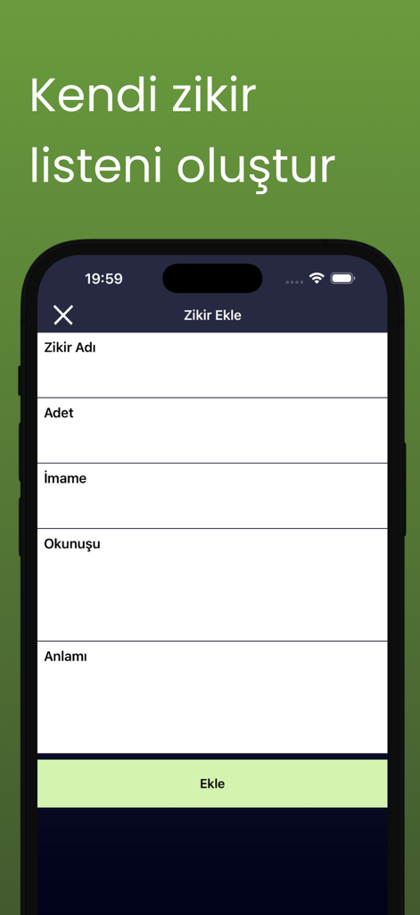 Smartphone screen of Zikirmatik app showing the interface to create a custom dhikr list with fields for prayer name and count
