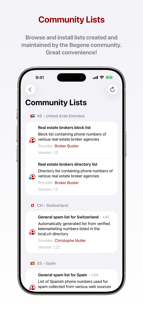 Interface of Begone app showing community-maintained spam call block lists for multiple countries.