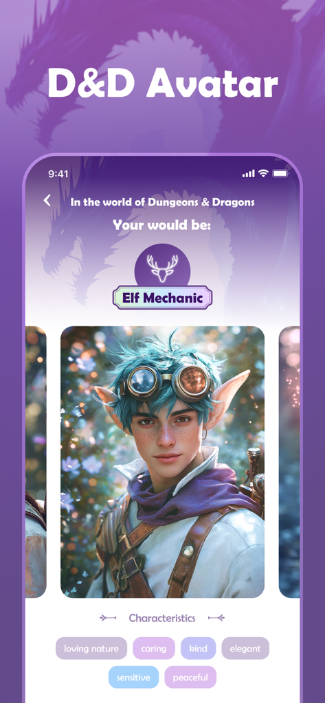 CoCola: AI generation tools - CoCola app interface showing a fantasy D&D elf mechanic avatar generated by AI