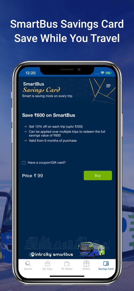 Tela do aplicativo IntrCity SmartBus mostrando o cartão de economia de associação para descontos em viagens de ônibus.