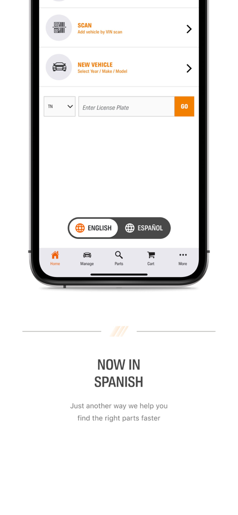 AutoZonePro Mobile app interface showing vehicle identification options and a toggle for English and Spanish languages.