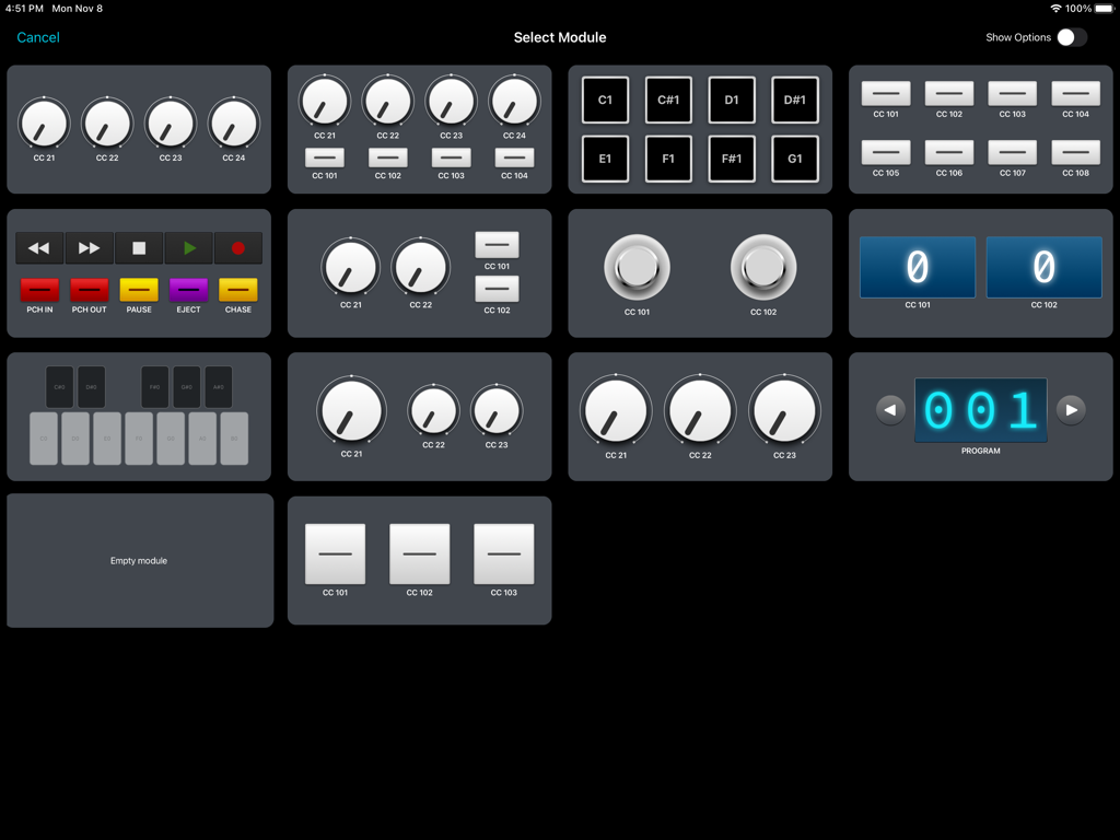 ONE Control Plus - Interface do aplicativo ONE Control Plus mostrando uma grade de seleção de módulos MIDI e OSC personalizáveis, como knobs, pads e controles de transporte.