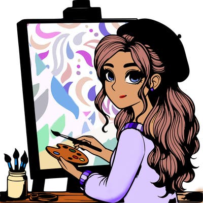 realistic girl artist painting a blank canvas