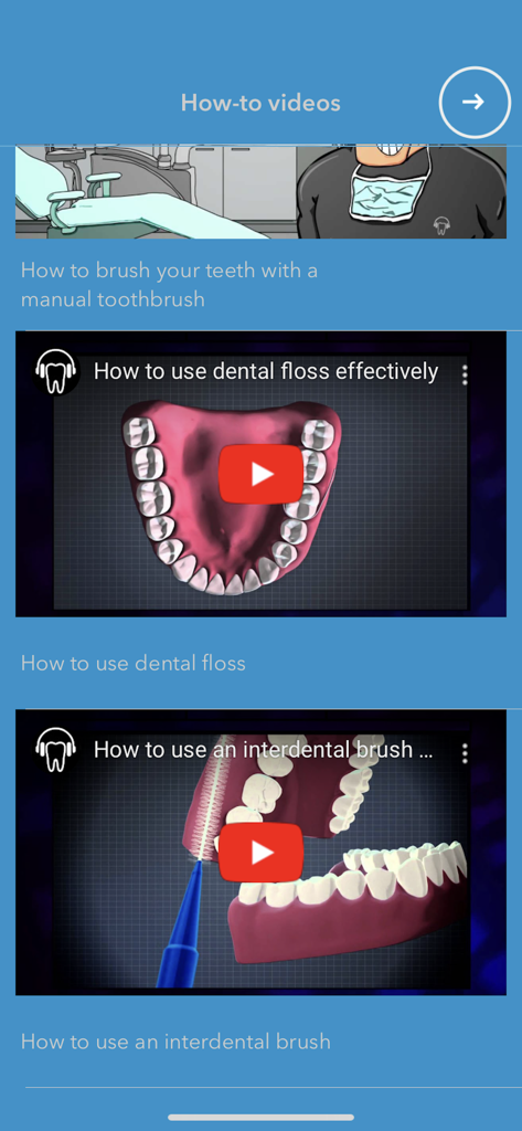 Brush DJ - A screen from the Brush DJ app showing instructional videos for manual toothbrushing flossing and using interdental brushes