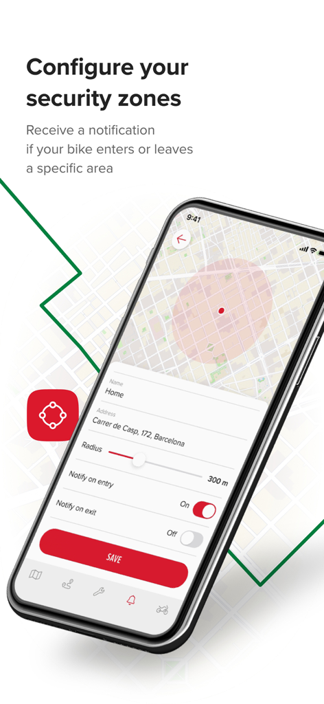 Honda Mapit app interface for setting up motorcycle security zones and geofencing alerts