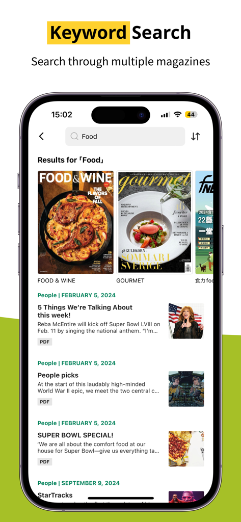 Kono Digital Magazines app keyword search screen showing food related magazine titles and articles