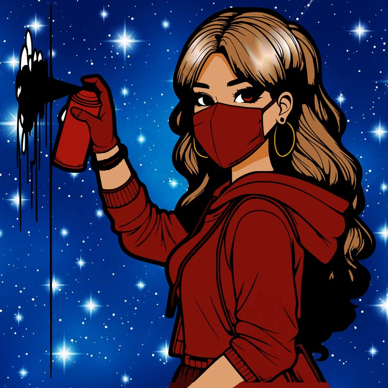 realistic girl with mask spray painting a wall