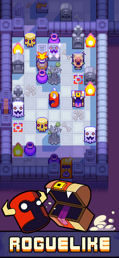 Rust Bucket - Vista de cima para baixo de uma sala de masmorra pixel art no jogo mobile Rust Bucket com monstros e armadilhas