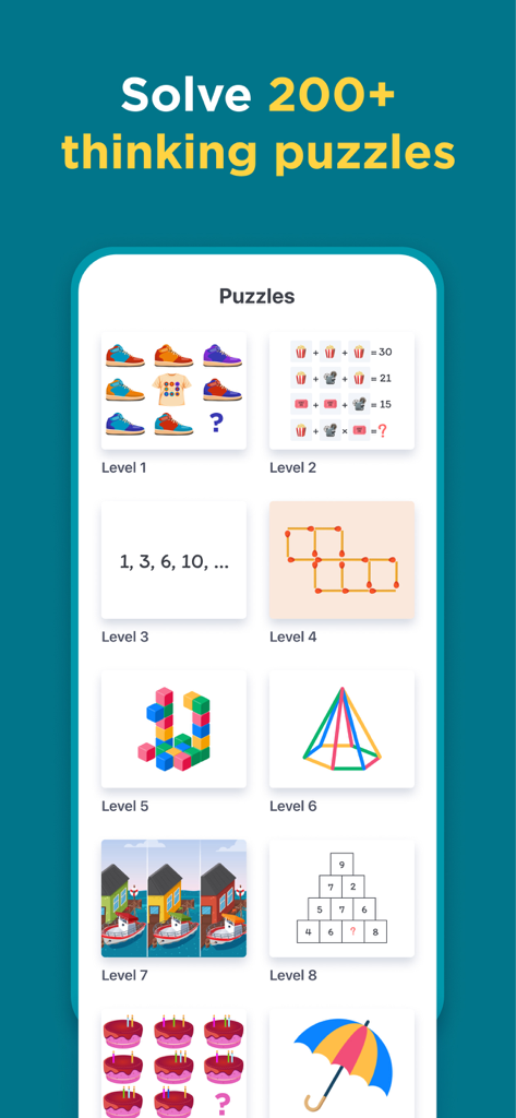 A collection of logic and math brain training puzzles displayed in the Impulse app interface.