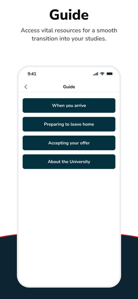 SalfordUni CampusConnect - Guide menu in the SalfordUni CampusConnect app showing resources for new university students such as preparing to leave home and accepting an offer