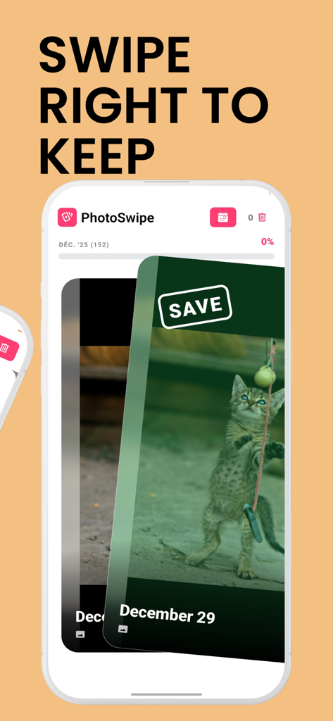 Photo Cleaner Pro: PhotoSwipe - PhotoSwipe app displaying the swipe right to keep action on a kitten photo