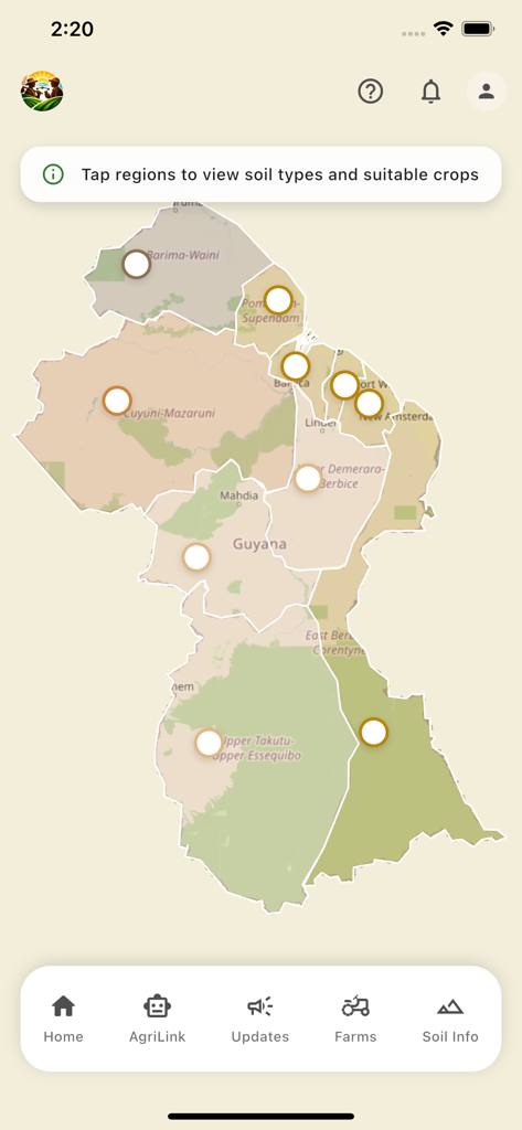FarmersConnectGY - FarmersConnectGY 앱에서 토양 유형과 적합한 작물을 보여주는 가이아나 대화형 지도