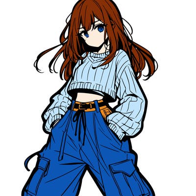 anime teen girl with baggy pants and crop top with sweater
