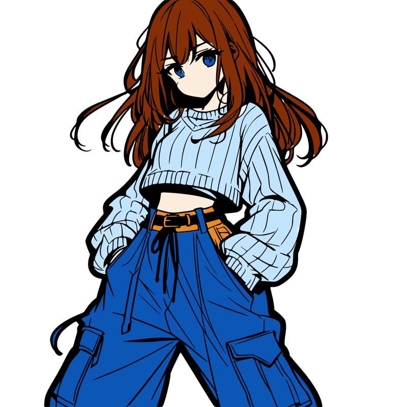 anime teen girl with baggy pants and crop top with sweater