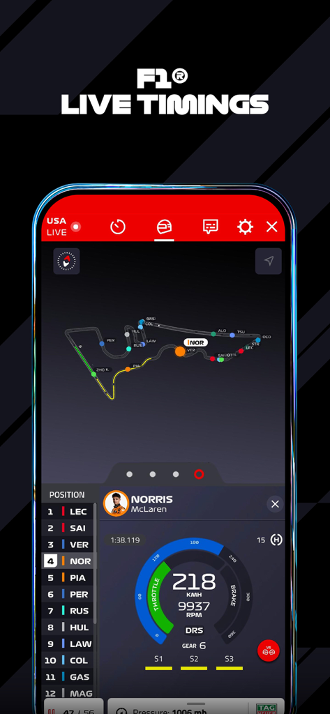 F1 TV - F1 TV app interface showing live race timing, driver telemetry, and circuit map