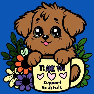 a really cute puppy holding a thank you for support mug with flowers everywhere