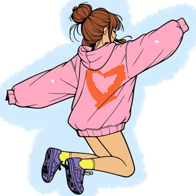 realistic girl jumping with a bun and oversized sweatshirt
