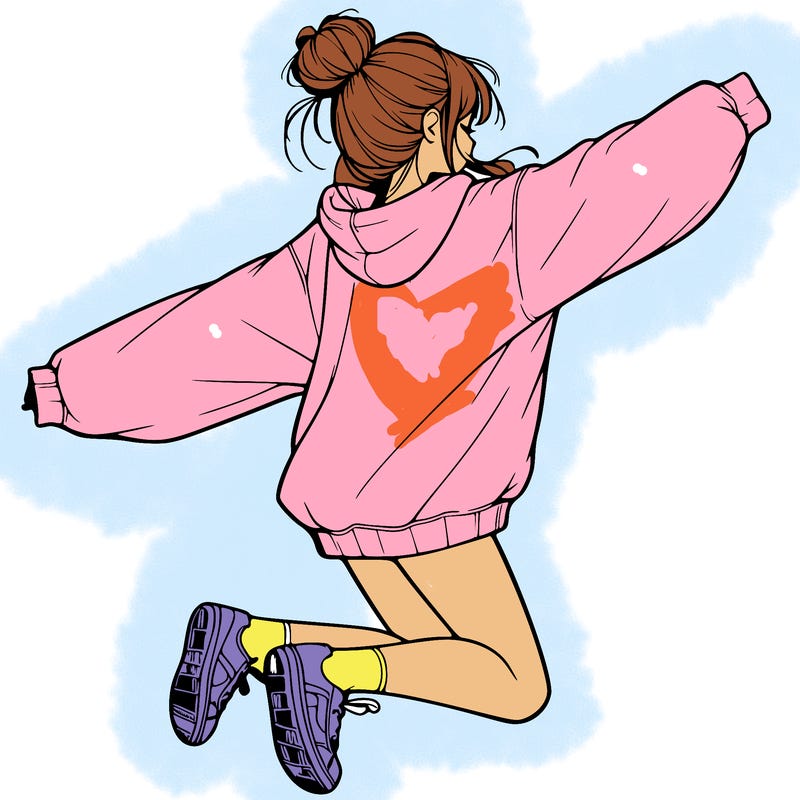 realistic girl jumping with a bun and oversized sweatshirt