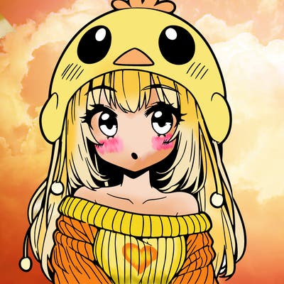 anime girl with chick shaped hat with sweater with bare shoulders with bangs covering them one eye with low tail