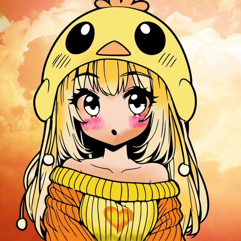 anime girl with chick shaped hat with sweater with bare shoulders with bangs covering them one eye with low tail