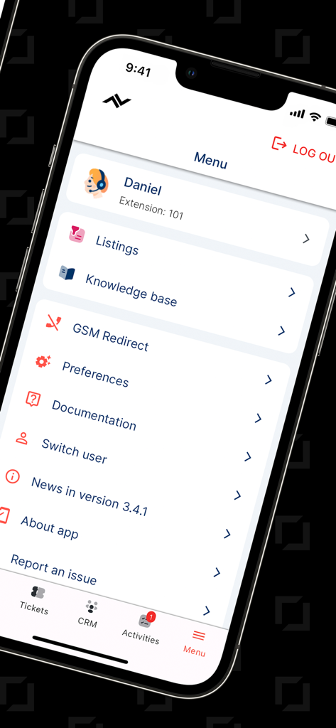 NFON Contact Center Hub - 사용자 프로필 및 탐색 옵션을 보여주는 NFON 컨택 센터 허브 앱 메뉴