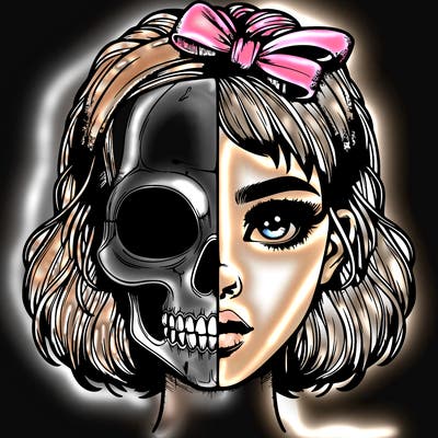 realistic girl with half skull mask