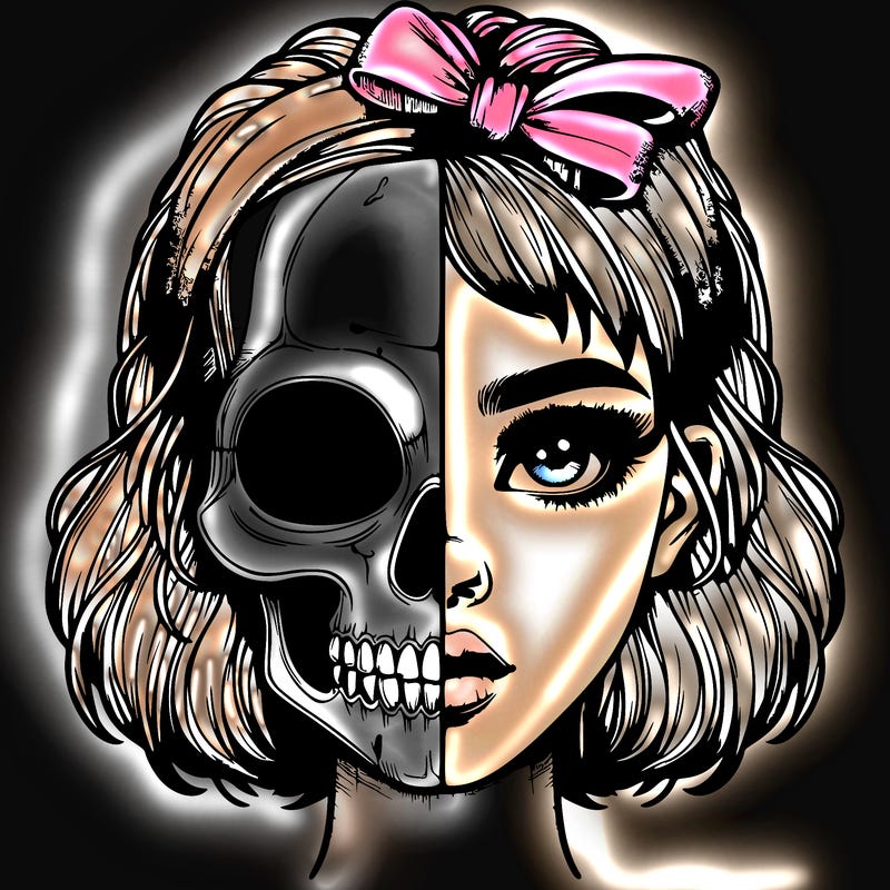realistic girl with half skull mask