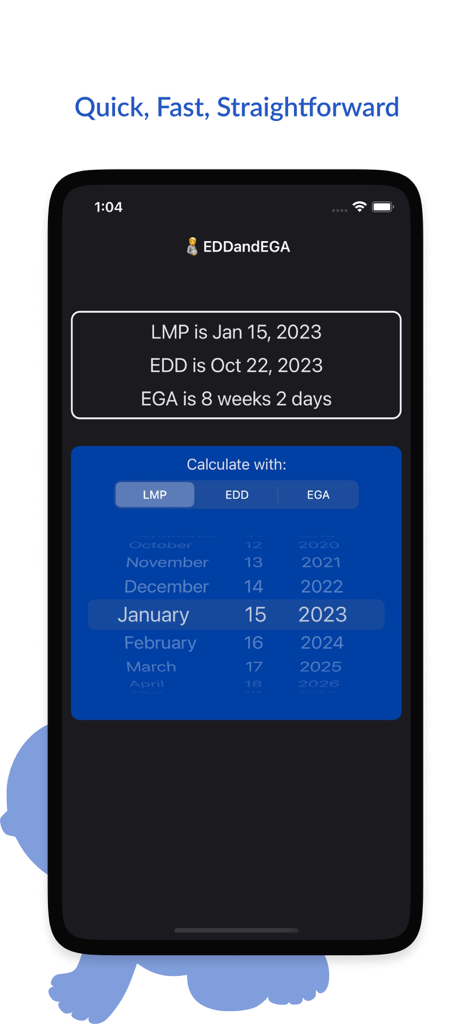 EDD - EGA calculator - Interface do aplicativo de calculadora de gravidez DDP e DDI mostrando resultados de idade gestacional