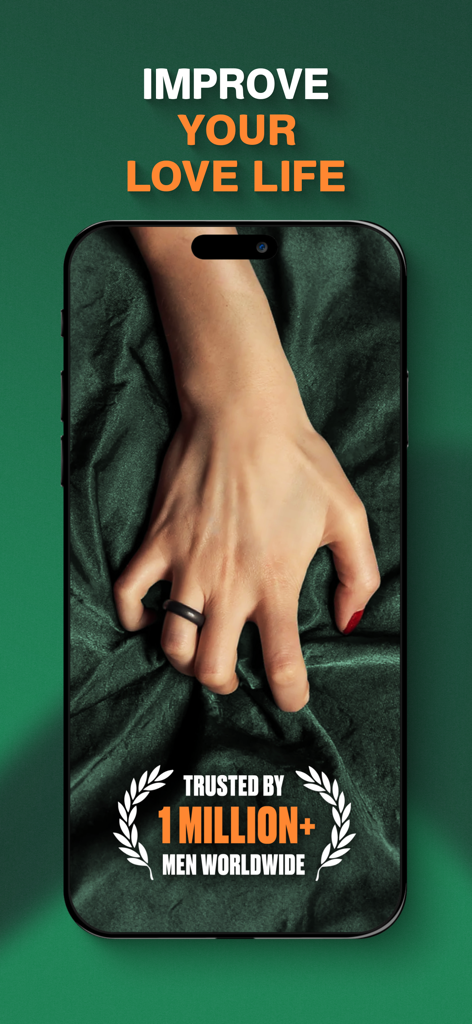 The Coach: Mens Health & Kegel - Pantalla promocional de la aplicación The Coach que muestra una mano sobre tela de terciopelo verde con texto sobre cómo mejorar tu vida sexual y un distintivo de confianza de más de un millón de hombres.