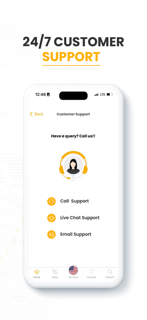 Ubuy: International Shopping - Écran d'assistance client de l'application Ubuy montrant les options d'appel, de chat en direct et d'e-mail pour une assistance 24h/24 et 7j/7