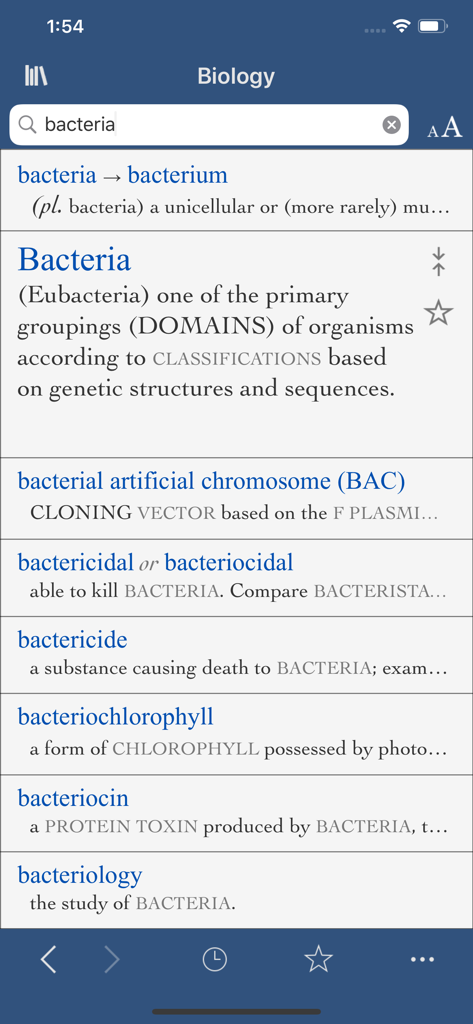 Collins Subject Dictionaries - Search results for the word bacteria in the Collins Biology Subject Dictionary app showing technical definitions