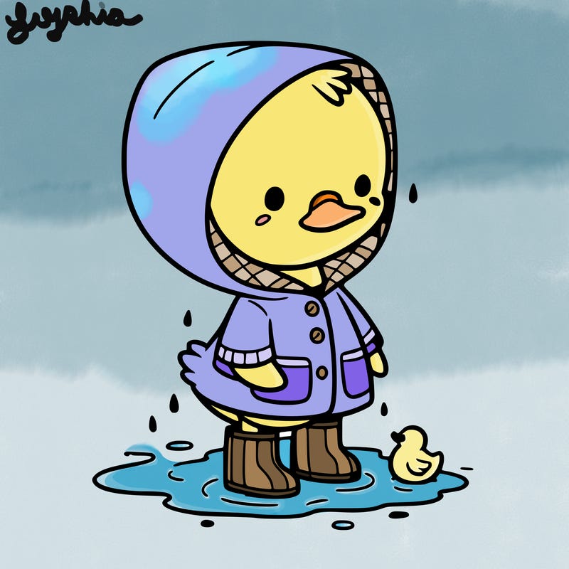 baby duck in a rain coat and boots, in a puddle while it’s raining