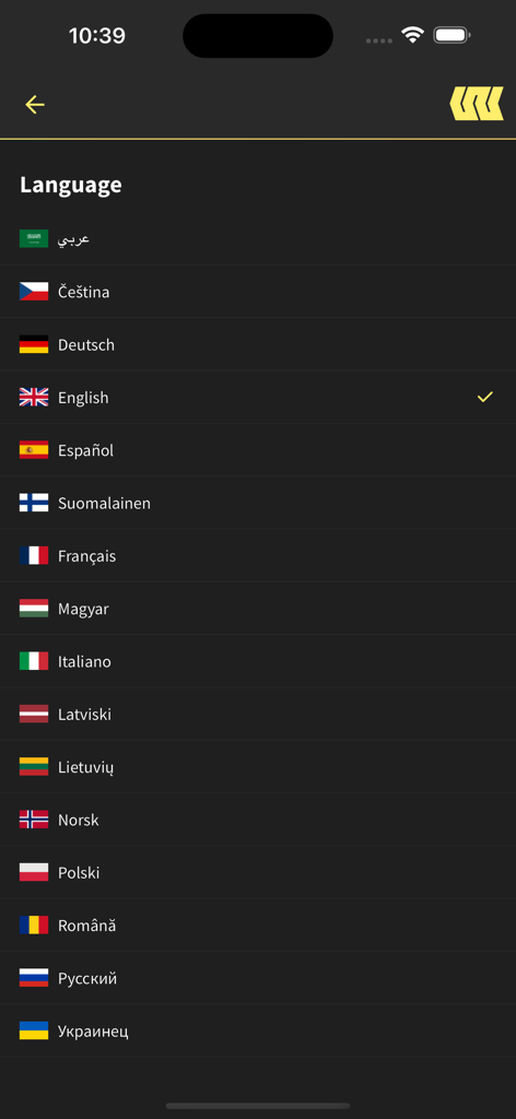 West Bouldering - Tela de seleção de idioma no aplicativo West Bouldering mostrando várias opções de idioma com suas bandeiras nacionais