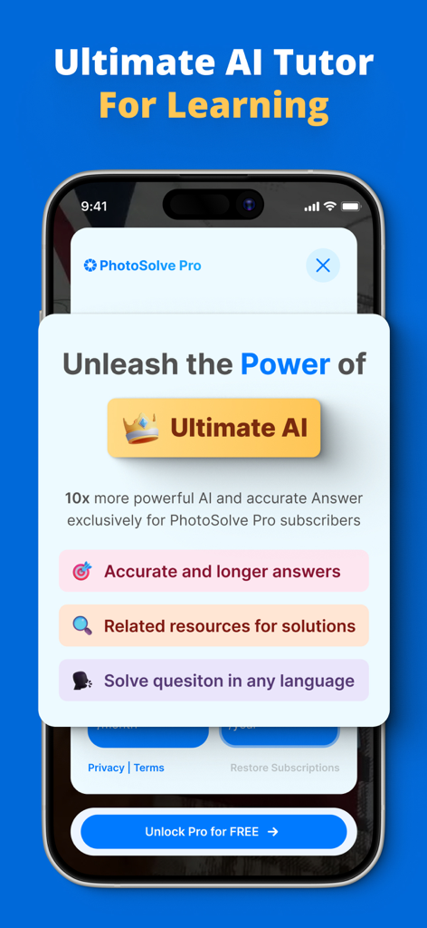 PhotoSolve Pro subscription screen highlighting premium features like 10x more powerful AI and multilingual support.