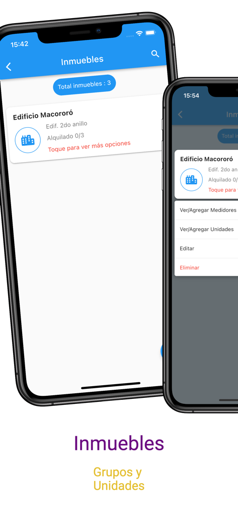 Interface móvel do aplicativo Meus Aluguéis mostrando uma lista de propriedades alugadas e opções de gestão para unidades e medidores