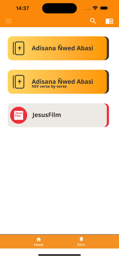 Home screen of the Adisana Nwed Abasi Bible app with Ibibio and English parallel reading options
