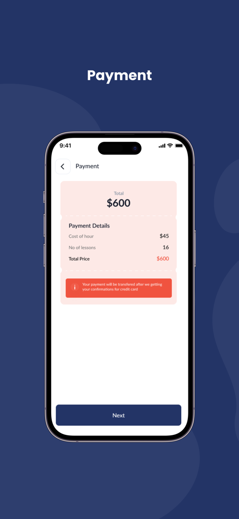 Noor institute - Pantalla de detalles de pago de la aplicación del Instituto Noor que muestra un precio total de 600 dólares por 16 lecciones.