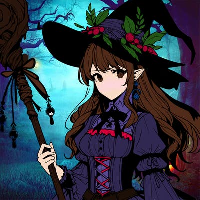 a realistic fantasy manga witch with a staff