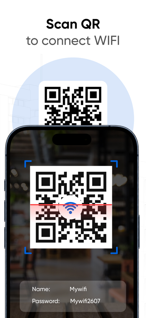 Portable Wifi Mobile Hotspot - QR 코드 스캐너를 사용하여 와이파이 네트워크에 연결하는 것을 보여주는 모바일 전화 화면.