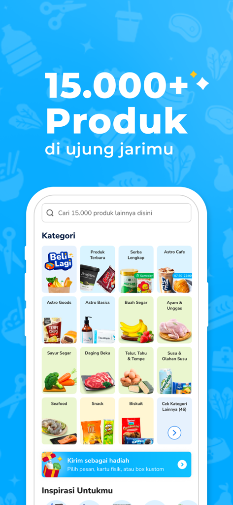 Interfaz de la aplicación Astro que muestra una amplia gama de categorías de comestibles, incluyendo frutas frescas, carne y aperitivos