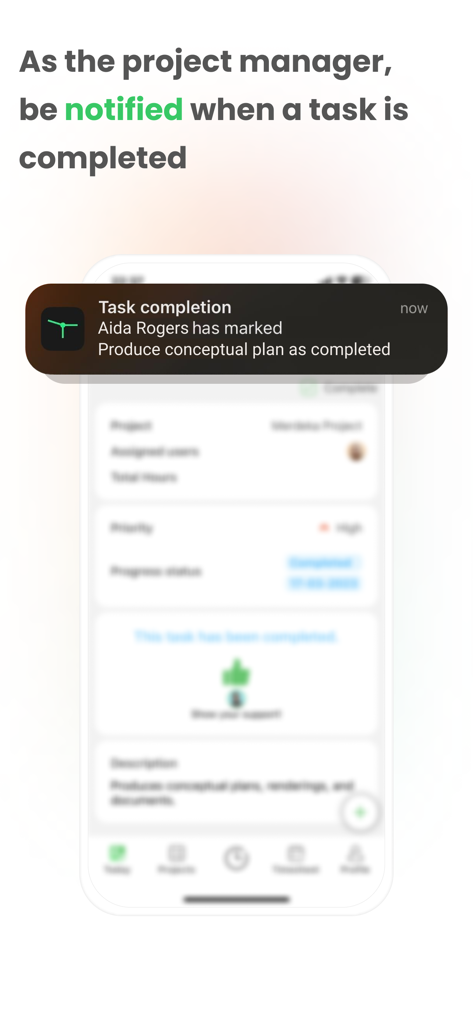 Timey – Work Management - Mobile notification showing a task completed by an employee in Timey work management app