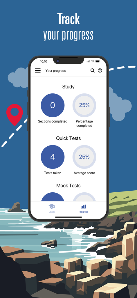 Schermata di monitoraggio dei progressi nell'app ufficiale del Test Life in the UK che mostra percentuali di completamento dello studio e risultati dei test.