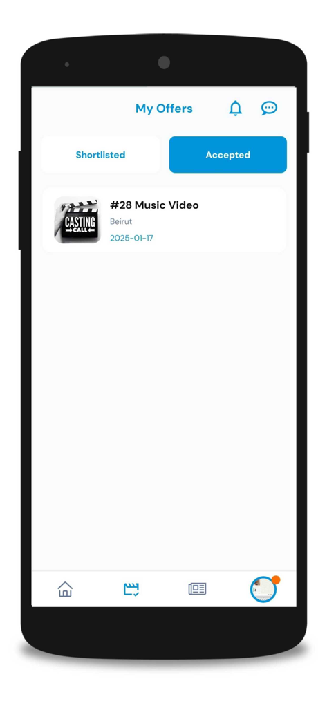 Promote Yourself - Casting - Interfaz de la aplicación Promociónate que muestra una lista de ofertas de casting aceptadas, incluida una oportunidad de video musical.