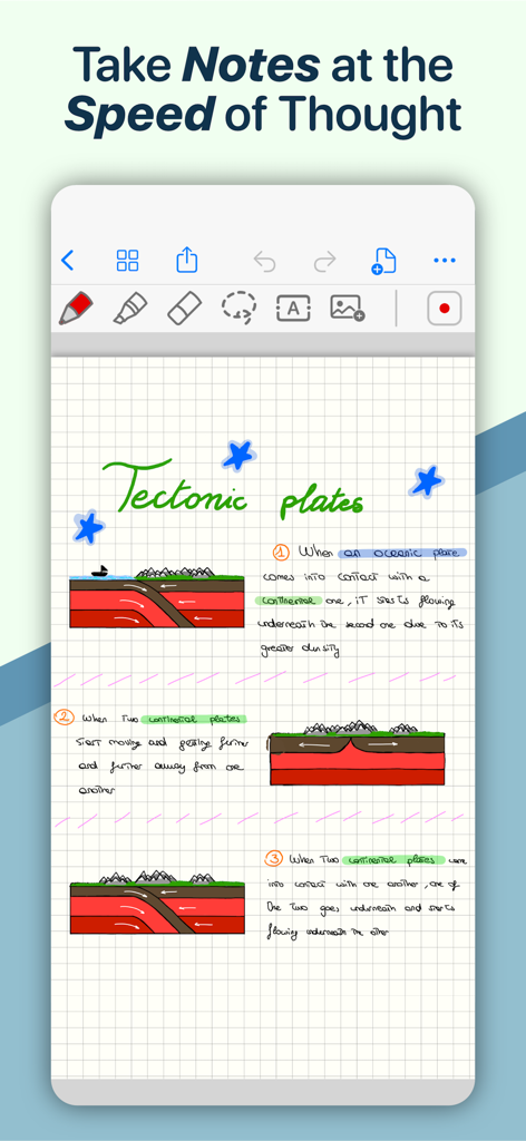 QuickNotes X: Notes, AI & PDF - A digital notebook page in the QuickNotes X app showing handwritten science notes and diagrams about tectonic plates on grid paper.