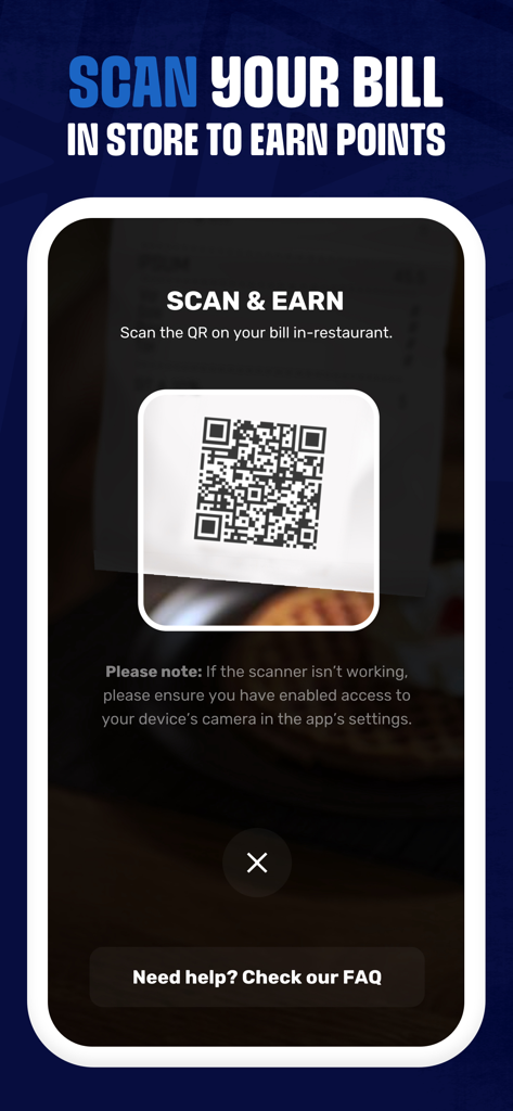 Spur Family Club - Spur Family Club app screen for scanning restaurant bills to earn points
